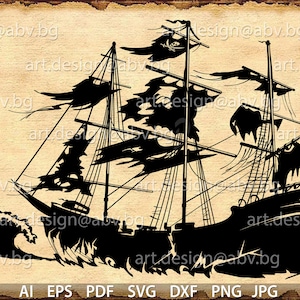 May include: A black silhouette of a pirate ship sailing on a wave. The ship has tattered sails and a skull and crossbones flag. The image is set against a vintage parchment background.