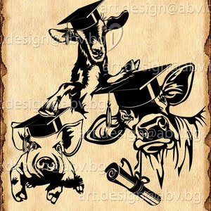 May include: A black and white illustration of a pig, a goat, and a cow wearing graduation caps. The pig is holding a diploma scroll. The animals are all smiling and looking happy.