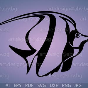 May include: Black and white illustration of a fish with a long, curved dorsal fin and distinctive vertical stripes. The design is set against a gradient purple background. The image includes file type information at the bottom.