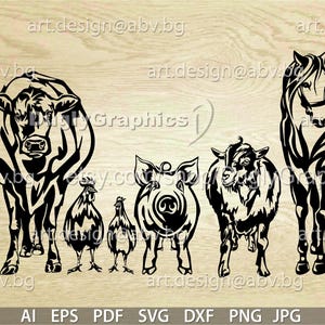 Vector ANIMAL FARM front, ai, eps, pdf, svg, dxf, png, jpg Download, Digital image, graphical, cow. rooster, hen, pig, goat, horse
