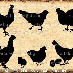 Puede incluir: Siluetas de seis pollos y dos huevos sobre un fondo marrón. Los pollos están en varias poses, algunos están de pie, otros caminan y otros miran hacia un lado. Los huevos son blancos y redondos.