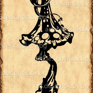 May include: Black and white silhouette of a stylised mushroom with a swirling stem and a cap with white dots. The mushroom is on a brown background.