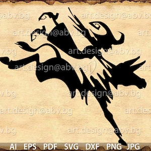 Peut inclure: Une silhouette noire d'une sorcière chevauchant une licorne. La sorcière porte un chapeau pointu et a les cheveux longs. La licorne a une corne et une crinière flottante.