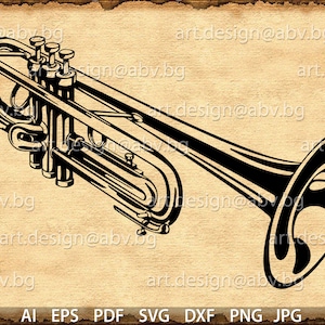Vector TRUMPET, musical instrument, AI, eps, pdf, png, svg, dxf, jpg Image Graphic Digital Download Artwork, brass, discount coupons