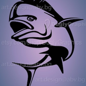 May include: Black graphic of a fish with a pointed dorsal fin and a curved tail fin, set against a gradient purple background. The image includes the text "art.design@abv.bg" and "etsy.com/shop/DuglyGraphics".