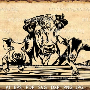 Vector ANIMAL FARM, ai, eps, pdf, svg, dxf, png, jpg Download, Digital image, graphical, animal, Hereford cow, pig, wooden beam, goat