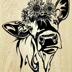 Vector COW with sunflowers in black, calf, head, AI, PNG, eps, pdf, svg, dxf, jpg Instant Download, Art Print, svg heifer with sunflowers image 1