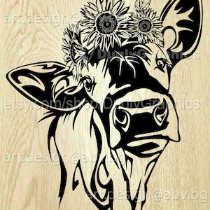 Cow with Sunflowers Vector, Calf Head Art (Digital Download)