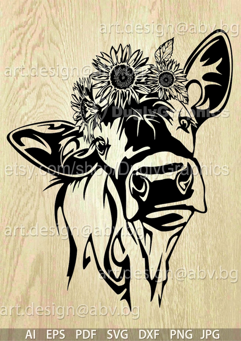 Vector COW with sunflowers in black, calf, head, AI, PNG, eps, pdf, svg, dxf, jpg Instant Download, Art Print, svg heifer with sunflowers image 1