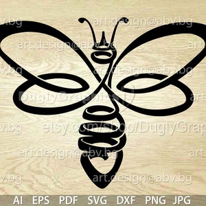 May include: Black stylized bee design with swirling lines, wings, and a segmented body. The design includes the text "art.design@abv.bg" and "etsy.com/shop/DuglyGraphics". The image also includes file type abbreviations: AI, EPS, PDF, SVG, DXF, PNG, JPG.