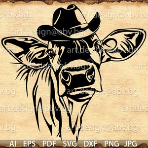 Vector COW with COWBOY HAT, calf, head, ai, png, eps, pdf, svg, dxf, jpg Instant Download, graphical image Art Print, muzzle, Printable