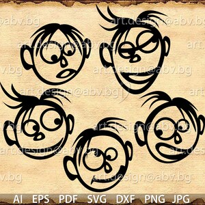 May include: Five black and white cartoon faces with different expressions. The faces are drawn in a simple style with exaggerated features.