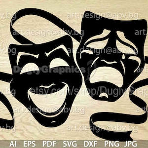 May include: Black and white silhouette of two theatrical masks, one smiling and one frowning, with a ribbon tied around them. The masks are a common symbol of comedy and tragedy.