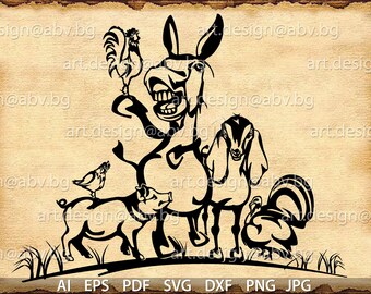 Animal Farm Vector Art: Donkey, Pig, Rooster, Goat (Digital Download)