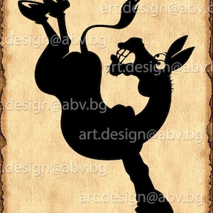 May include: A black silhouette of a donkey kicking its legs in the air, with its mouth open and eyes wide, as if it is falling or has just fallen.