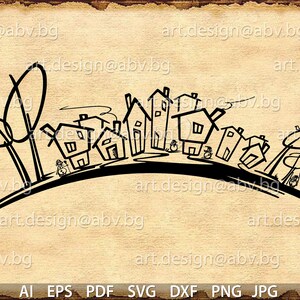 May include: Black and white line art illustration of a small town with houses and trees. The houses are drawn in a simple style with rounded roofs and windows. The trees are drawn with simple trunks and branches. The illustration is set against a white background.
