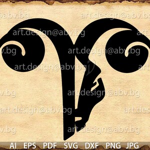 May include: Black silhouette of a ram's head with curled horns. The image is on a textured, beige background with the text "art.design@abv.bg" repeated throughout.