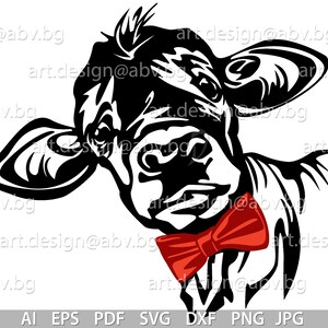 Vector CALF with red bow, sad cow, moody, AI, PNG, eps, pdf, svg, dxf, jpg, svg cow, graphical image Art Print, heifer, muzzle, funny