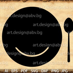 Könnte beinhalten: Schwarze Silhouette eines Tellers, Messers, Löffels und einer Gabel auf hellbraunem Hintergrund. Der Teller hat eine gebogene Linie, die einem Lächeln ähnelt. Der Text "art.design@abv.bg" und Dateityp-Symbole sind enthalten.