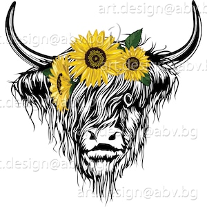 Vector BUFFALO with sunflowers - Highland Cow head AI PNG eps pdf svg dxf jpg Instant Download graphical image Digital Art Print
