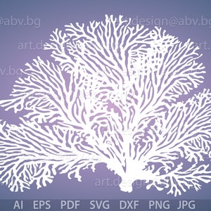 Puede incluir: Silueta blanca de una rama de coral con un diseño detallado e intrincado. El coral está aislado sobre un fondo morado.