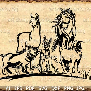 Vector ANIMAL FARM, grass, ai, eps, pdf, svg, dxf, png, jpg Download, Digital image, graphical, horse, pig, welcome, Boer goat, alpaca