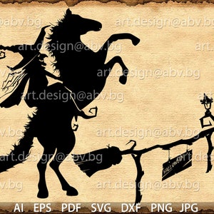 May include: A black silhouette of a witch riding a horse with a broom and a sign that says "Happy Halloween".