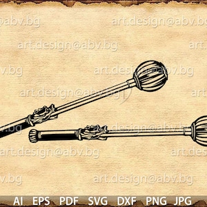 May include: Two black and white illustrations of medieval maces with spiked balls on the end of a long handle. The maces are crossed over each other.