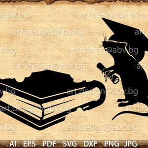 May include: A black silhouette of a rat wearing a graduation cap and holding a diploma, standing next to a black book with a white spine.