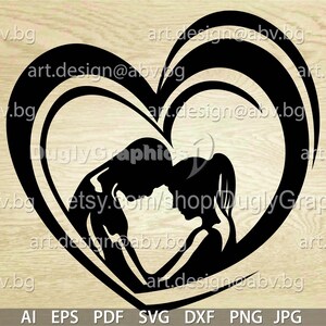May include: A black silhouette of a couple in a heart shape. The design shows a man and woman in an embrace, with the woman's hair in a ponytail. The image includes the text "art.design@abv.bg" and "etsy.com/shop/DuglyGraphics".