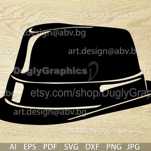 May include: A black fedora hat with a wide brim. The hat has a thin band around the crown.