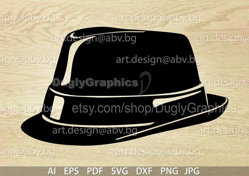May include: A black fedora hat with a wide brim. The hat has a thin band around the crown.