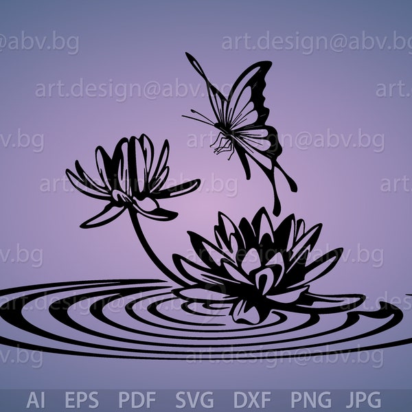 Vector LOTUS, Nymphaea, butterfly, AI, eps, png, pdf, svg, dxf, jpg Image Graphic Digital Download Artwork, graphical, discount coupons