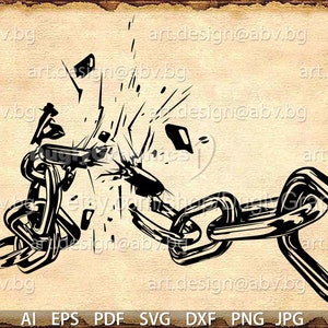 May include: A black and white illustration of a chain breaking apart. The chain is made of thick metal links and is depicted as being broken in the middle. The image is set against a textured background.