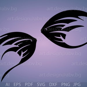 May include: Two black stylized fish silhouettes with a sharp, angular design. The fish are facing opposite directions and appear to be swimming in a mirrored pattern.