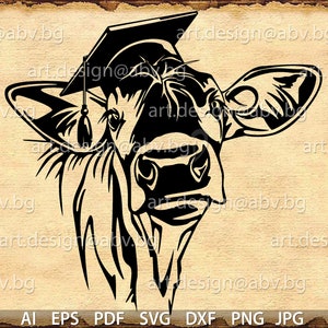 Vector COW with GRADUATION HAT, calf, head, ai, png, eps, pdf, svg, dxf, jpg Instant Download, graphical image Art Print, muzzle, Printable