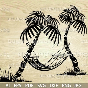 May include: Black silhouette of two palm trees with a hammock hanging between them. The trees are set against a wood grain background.