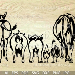 Puede incluir: Siluetas negras recortadas de un burro, tres vacas y dos pollos. Los animales están de espaldas al espectador, con las colas en el aire. Los animales están dispuestos en línea, con el burro a la izquierda y los pollos a la derecha.