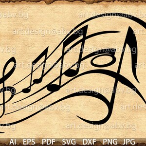 May include: Black and white musical notes and treble clef design on a vintage parchment background. The design is perfect for creating music-themed crafts, scrapbooking, or digital projects.