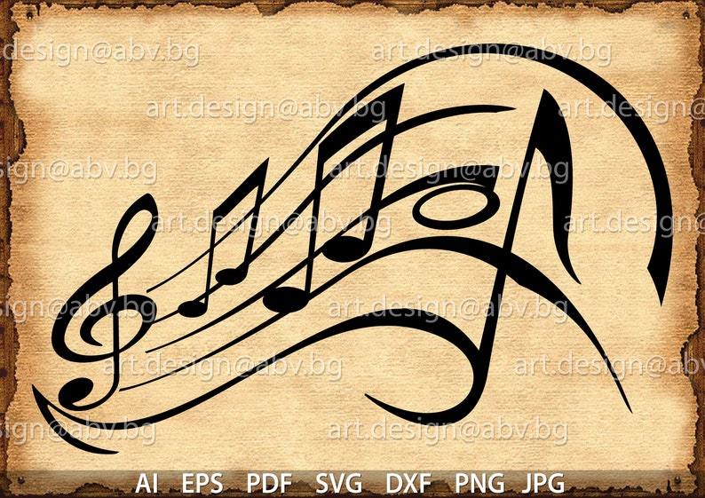 May include: Black and white musical notes and treble clef design on a vintage parchment background. The design is perfect for creating music-themed crafts, scrapbooking, or digital projects.
