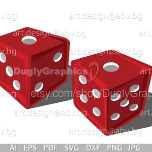 May include: Two red dice with white dots. The dice are lying on a white background.
