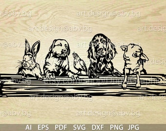 Immagine vettoriale di una fattoria di animali: cani, pecore, conigli, galline (download digitale)