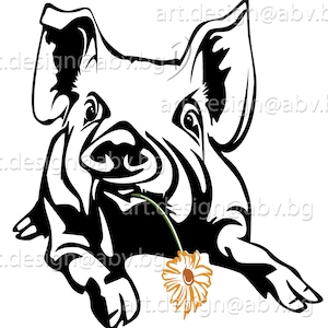 Vector PIG with flower, calf, head, AI, PNG, eps, pdf, svg, dxf, jpg, svg cow, graphical image Art Print, swine, pig, hog, sow, funny
