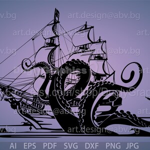 Octopus and Ship Vector Graphic (Digital Download)