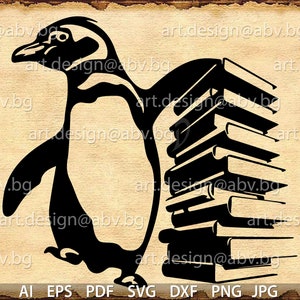 Vector PINGÜINO con libros, AI, eps, dxf, pdf, png, stv, jpg Descargar archivos, Digital, gráfico, graduación, cupones