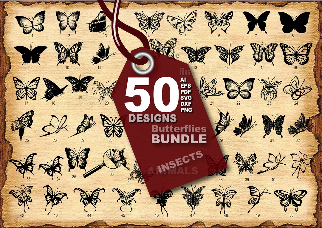 Vector 50 BUTTERFLIES BUNDLE, AI, Eps, Pdf, Svg, Dxf, Png Image Graphic ...