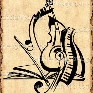 Puede incluir: Ilustración en blanco y negro de una clave de sol, un violín, un teclado de piano y un libro. El diseño es estilizado y abstracto.