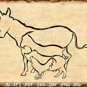 Vector ANIMAL FARM, ai, eps, pdf, svg, dxf, png, jpg Download, Digital image, graphical, donkey, goat, pig, rooster, welcome, hen, svg farm