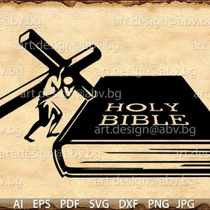 Op de afbeelding: Zwart-wit grafische illustratie van een persoon die een kruis draagt, naast een gesloten boek met de woorden "HOLY BIBLE". De afbeelding staat tegen een getextureerde, perkamentachtige achtergrond.