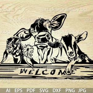 Vector ANIMAL FARM, text, ai, eps, pdf, svg, dxf, png, jpg Download, Digital image, graphical, animal, cow with flower and goats